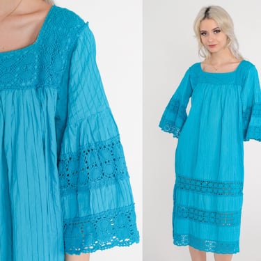70s Mexican Dress Blue Mexican Wedding Crochet LACE Pintuck Sheer Bell Sleeve Midi Shift Boho Hippie Vintage Tent Bohemian Cotton Medium 