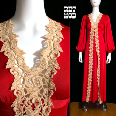 SEXY Red Hot Vintage 70s Slinky Witchy Maxi Dress with Trim and Balloon Sleeves 