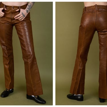 Vintage 1970s 70s Roos Akins Mid Rise Brown Leather Pants w/ Flared Leg Fit // San Francisco Leather, East West North Beach 