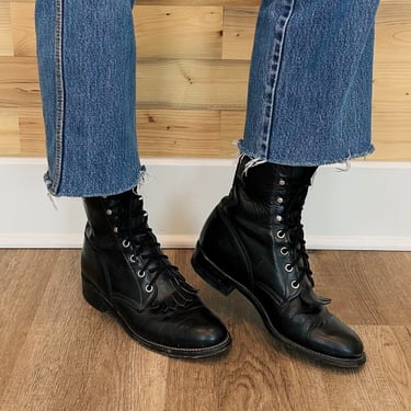 Justin Vintage Lace Up Kiltie Black Leather Boots / US 6.5 