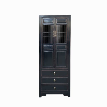 Oriental Black Narrow Wood Carving Shutter Doors Drawers Storage Cabinet cs7728E 