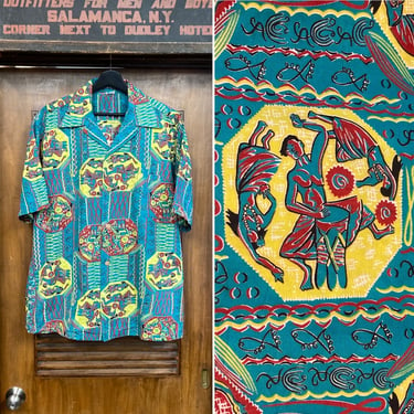 Vintage 1950’s Size L/XL Atomic Cartoon Tribal Natives Cotton Hawaiian Rockabilly Shirt, 50’s Camp Collar, Vintage Clothing 