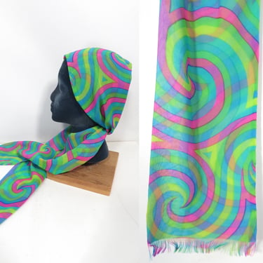 Vintage 60s Neon Psychedelic Swirl Oblong Scarf 