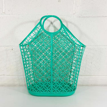 Vintage Shamrock Neatway Teal Blue Plastic Tote Circle Handle Basket Beach Reusable Bag 1960s 60s 