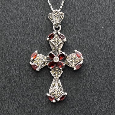 70's Renaissance Revival 925 silver garnet marcasite cross pendant, sterling pyrite almandine necklace 