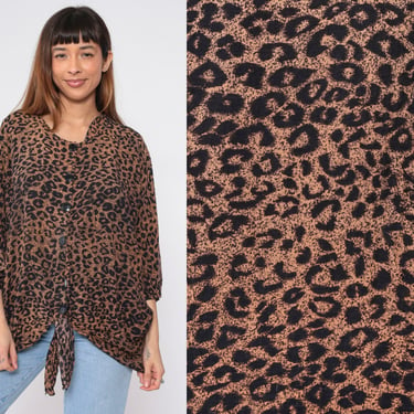 Animal Print Blouse 90s Tie Front Top Button up Shirt Boho Leopard Cheetah Print Half Sleeve Jungle Bohemian Glam Vintage 1990s 2xl xxl 