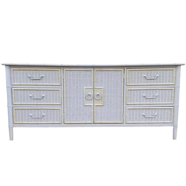 Vintage Faux Bamboo Dresser with 9 Drawers by Dixie - 68" Long White Hollywood Regency Coastal Rattan Wicker Bedroom Furniture 