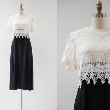 lace midi dress 80s 90s vintage Jeffrey & Dara black white lace overlay long flowy dress 