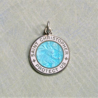 Vintage Sterling Blue and White Enamel Saint Christopher Pendant, Old St. Christopher Medal (#4167) 
