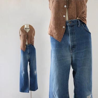 worrrn 70s jeans - 34 - vintage 60s 70s boho hippie high waist denim jean unisex mens womens 