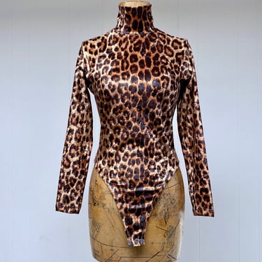 Vintage 1990s Leopard Panne Velvet Bodysuit, 90s Stretchy Long Sleeve Animal Print Turtleneck Leotard w/High Cut Leg, Small 34" Bust, VFG 