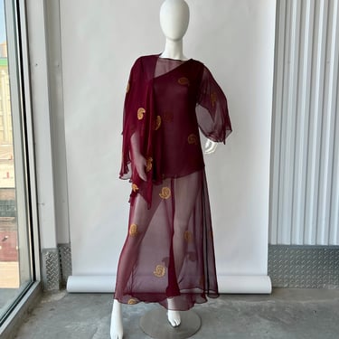 1970s Burgundy Metallic Silk Maxi Dress 