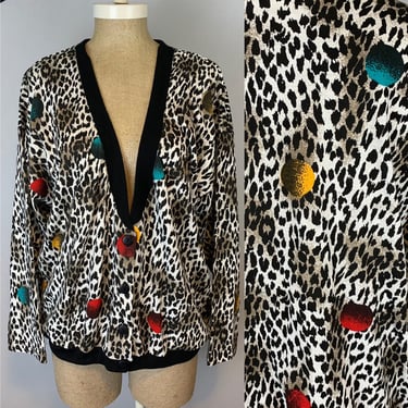 Animal Print Cardigan Sweater | Vintage 80s | Size M | Cheetah Leopard Jaguar | 