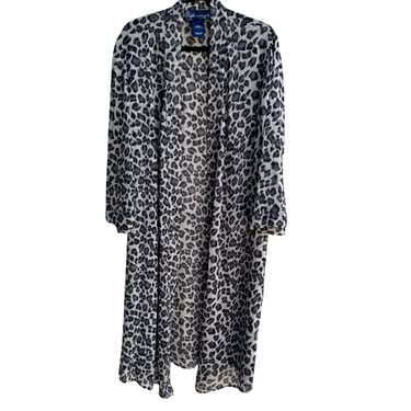 Susan Graver Style Womens Black Kimono Leopard Print Semi Sheer Duster Cardigan