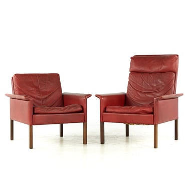 Hans Olsen Mid Century Danish Rosewood and Red Leather Chairs - Pair - mcm 