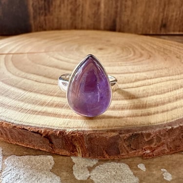 ROUND TEARDROP Amethyst Sterling Silver Ring | Handcrafted in India | Healing, Stress Relief, Courage | Size 8 