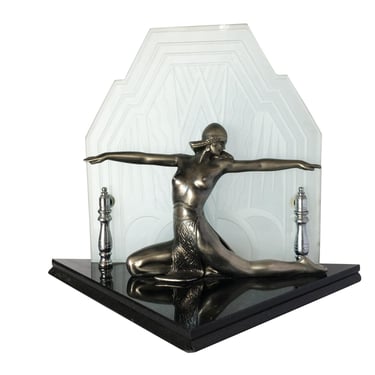Art Deco Revival Chrome Art Deco Cleopatra Lamp w/ Etched Glass Shade 