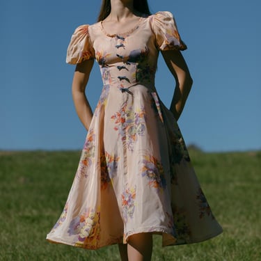 Rare antique 1930s floral silk taffeta puff sleeve dress art deco 