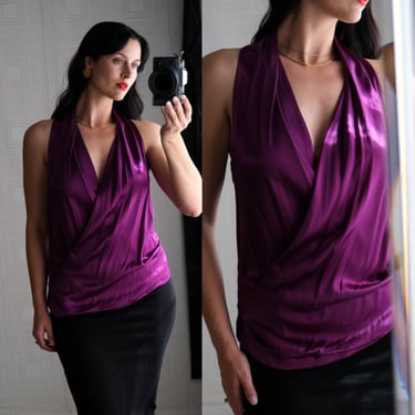 Vintage DONNA KARAN Black Label Purple Liquid Jewel Toned Plunging Ruched Wrap Tank Top Blouse | Y2K 2000s DKNY Designer Romantic Blouse 