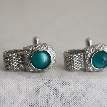 1960s/70s Swank Silver and Green Lucite Cuff Links 