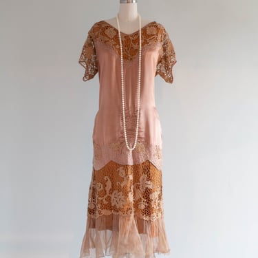 Rare 1920's Flapper Dress In Cocoa Rose &amp; Cinnamon Silk / Medium