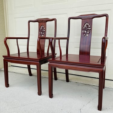 Chinese Dining Chairs Set of 2 - Rosewood Carved Dragon Accent Armchairs - Asian Chinoiserie Chippendale Furniture 