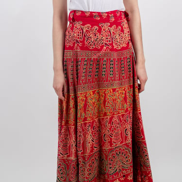 1970s Indian Cotton People Print Maxi Wrap Skirt