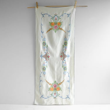 Vintage Embroidered Table Runner with Flower Design, Cross Stitch Linen Runner 