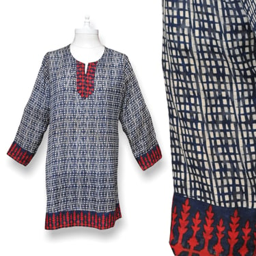 Vintage Womens Tunic Blouse Red and Navy Blue Boho Hippie Shirt 