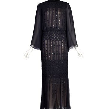 Oscar de la Renta Vintage AW 2006 Black Sheer Silk Chiffon Smocked Pleated Beaded Sequin Dress