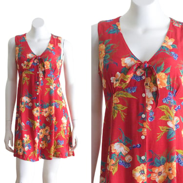 1990s Red Flower Print Dress 