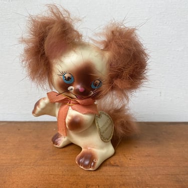 Kitschy Enesco Siamese Ceramic Kitten With Fur, Freddie Furry Kitten, Cat Figurines Tan  Kitty Cat With Brown Fur On Ears And Tail 