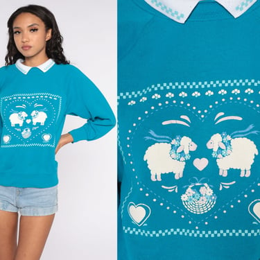 80s Sheep Sweatshirt Collared Sweater Animal Sweatshirt Jumper Graphic Shirt Kawaii 1980s Vintage Lamb Raglan Sleeve 90s Small S 
