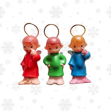 Vintage Christmas Ornaments - Set of 3 Angel Cherubs with Halos - Made in Japan - Mini Blow Mold Ornament Decor - 1950s 50s Era 