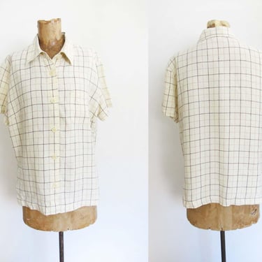 Vintage 90s GAP Linen Short Sleeve Button Up M L - Windowpane Plaid Cream off White Collared Shirt Minimalist 