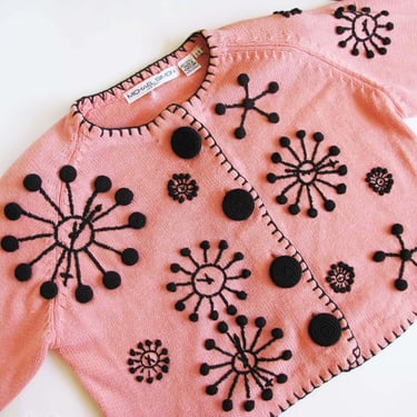 Vintage 90s Michael Simon Pink Knit Cardigan S M - Black Embroidered Starburst Snowflake Chunky Crop Boxy Knitted Sweater 