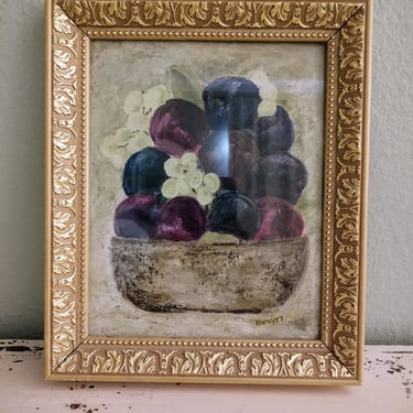 Vintage Gilded Gold Picture Frame with Basket of Plums Still Life Painting 
