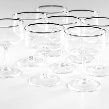 4 Vintage champagne coupe cocktail glasses w platinum rims by Lenox. Elegant Desire crystal stemware for craft cocktails and wedding toasts. 
