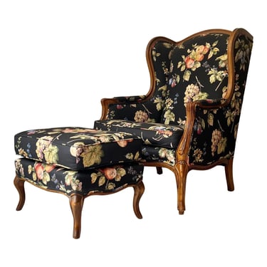 French Provincial Fruitwood Wing Back Chair With Ottoman 