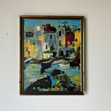1970's Vintage Venetian Gondola Impressionist Abstarct  Oil Painting, Framed 
