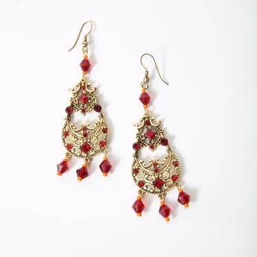 Gold Chandelier Earrings with Red Crystals and Beads, Costume Jewelry 