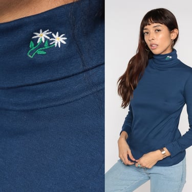 Daisy Turtleneck Shirt 80s Blue Embroidered Flower Long Sleeve Shirt Cozy Grunge Tshirt Retro Tee Floral Sweater Vintage Plain 1980s Small S 