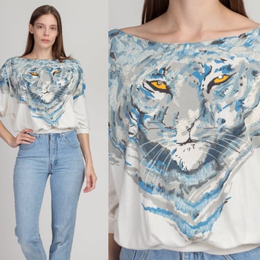 S| 80s Tiger Graphic Batwing Top - Small | Vintage Jeweled 3/4 Sleeve Animal Shirt 