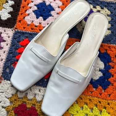 White leather slip on kitten heels