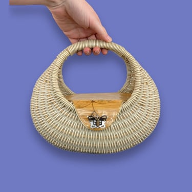 1950s Vintage Circular Crescent Wicker Handbag Purse Boho Gift 