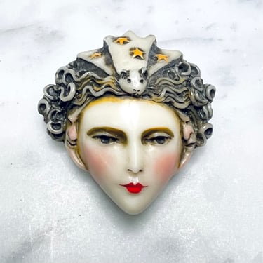 Raven Studios Sylvia Massey Brooch With Mouse & Moons Hand Painted Sculpted Face Art Deco Resin 1980s 