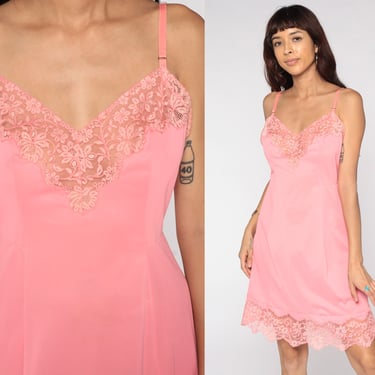 Pink Slip Dress 70s Nightgown Lingerie Mini Boho Vintage 1970s Pastel Spaghetti Strap Nylon Slip Small S 