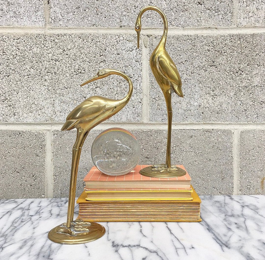 Vintage Statues retro 1960s Hollywood Regency + Brass + Egrets + Cranes