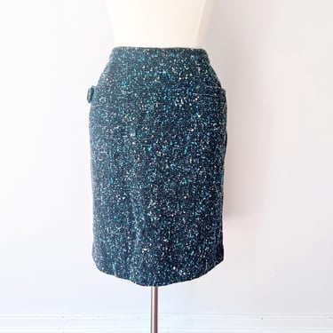 SIZE XL Vintage Tweed Pencil Skirt / Flecked Wool Pencil Skirt / Vintage Knee Length Skirt Plus Size Teal 