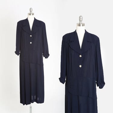 Vintage 40s navy blue crepe dress | 1940s drop waist dress Large 